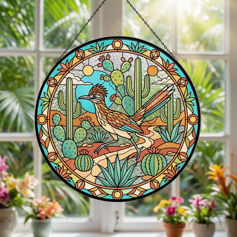 Desert Roadrunner Stained Glass Window Panel，7.8H, 7.8"H