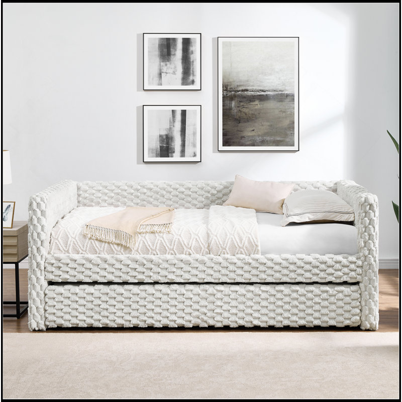 Daybed, Upholstered Sofa Bed,The Bottom Pulls Out To Form A Bed ,Plaid Corduroy Fabric(86"*43.5"*34"), Beige
