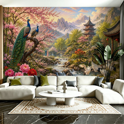 Peel and Stick Wallpaper 100" L x 144" W Modern Self Adhesive Wall Mural for Bedroom - With Oriental Garden Peacocks Cranes Cherry Blossoms Mountain P