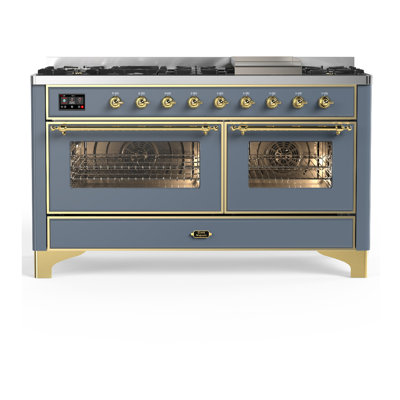 Cuisinière à double combustible 60 pouces avec 7 brûleurs scellés et plaque chauffante Majestic III Series en bleu-gris (propane liquide, garniture en laiton)