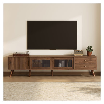 76'' Modern Minimal Glass-Door TV Stand for TVs up to 85 Inches, Wood-Grain Entertainment Center with Storage Cabinets, Natural Media Console Table for Living Room & Bedroom