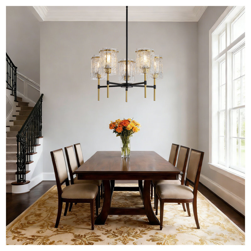 Lustre moderne noir et or à 5 lumières avec pendentifs en verre texturé, plafonnier industriel pour salon