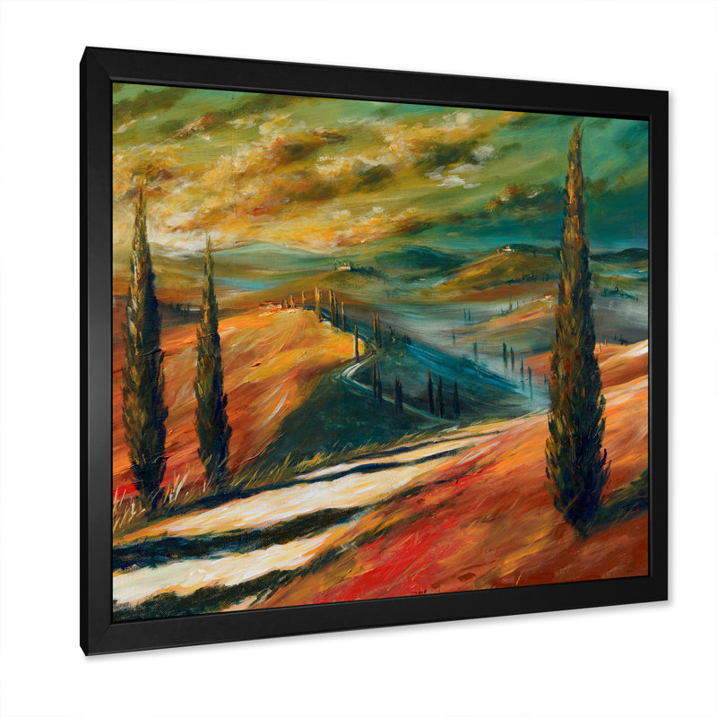 «Tuscany Valley Sunset Landscape», art mural sur toile traditionnel, Toile avec cadre noir, H 16 po x l 16 po x P 1 po