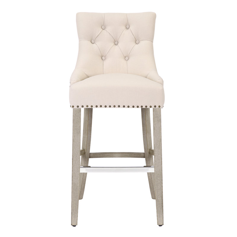 Linen Fabric Tufted Upholstered Counter Stool, Beige Linen/Antique Gray Frame, Bar Stool (29” Seat Height)