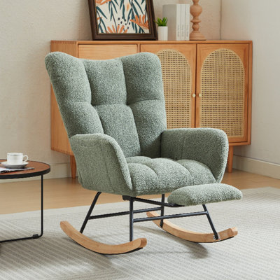 Chaise berçante moderne rembourrée avec dossier haut, repose-pieds et pieds en bois massif