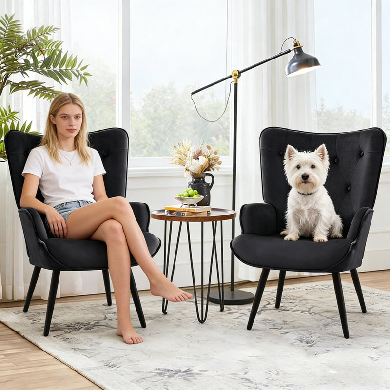 Modern Upholstered Wingback Chair Velvet Tufted Armchair with Metal Legs, Black Velvet