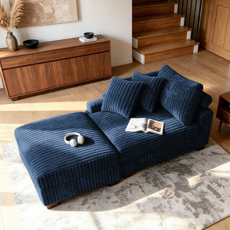 Chaise longue modulable rembourrée en fausse fourrure de lapin en flanelle avec accoudoirs et coussins décoratifs, Bleu