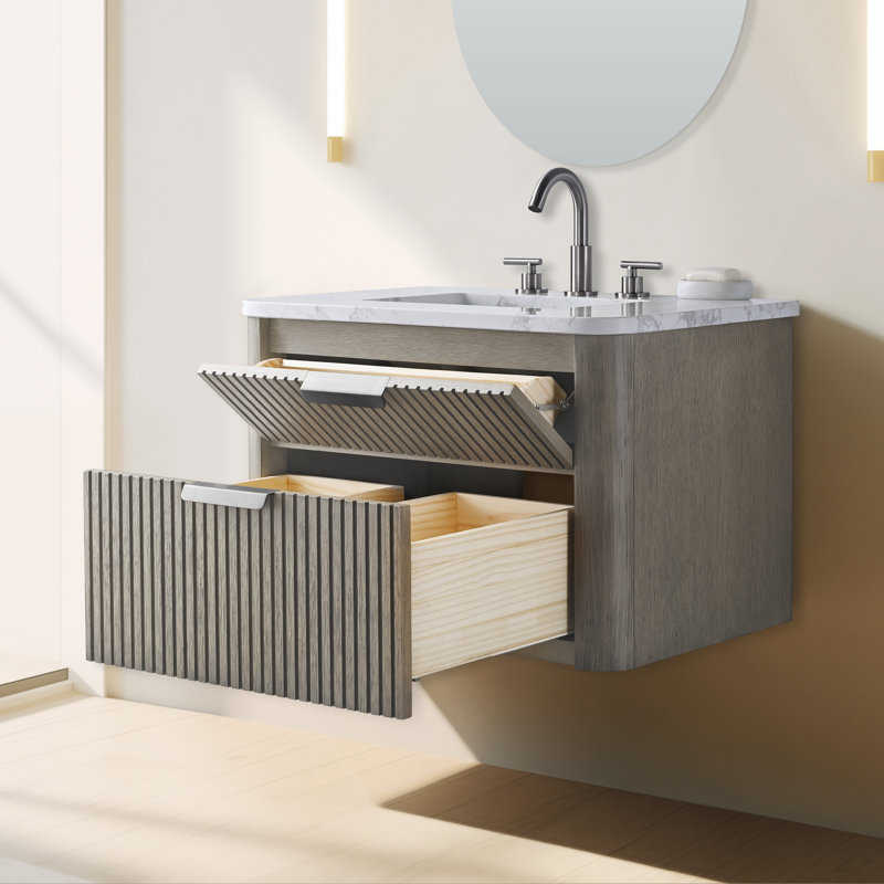 Liljan 30'' Wall-Mounted Single Bathroom Vanity with Engineered Stone Top, Vintage Gray/Brushed Nickel