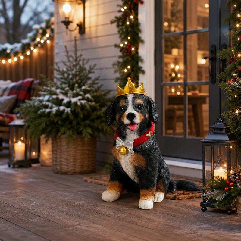 Adorable statue de chien, sculpture décorative en résine avec collier couronne, black