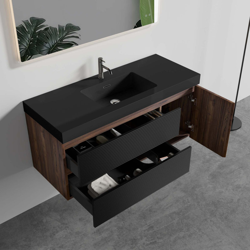 Meuble-lavabo mural moderne avec lavabo intégré et rangement spacieux