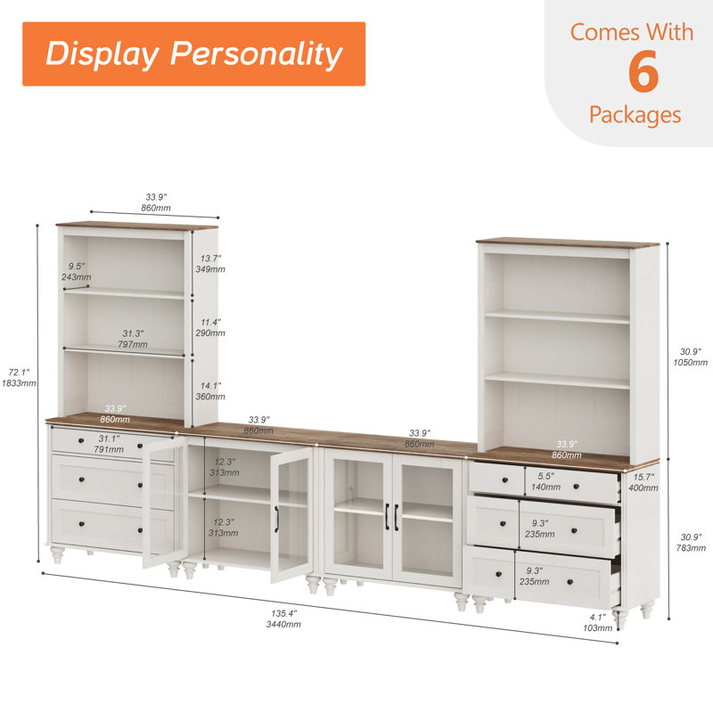 Scarlett Large TV Stand For 75 Inch TV, TV Console Table With Ample Storge Cabinet, Farmhouse Entertainment Center For Living Room, 72"H Bookshelf With 3 Tier For Study Room, White