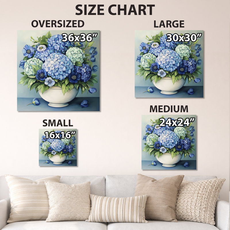 Bouquet bleu porcelaine - Décoration murale hortensia, imprimée sur métal, H 36 po x l 36 po