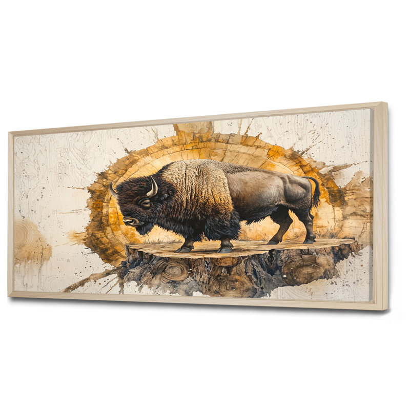 Portrait de bison américain Mareda sur glissade sur bois - art mural grand bison, H 28 po x l 60 po, Cadre flottant, Naturel