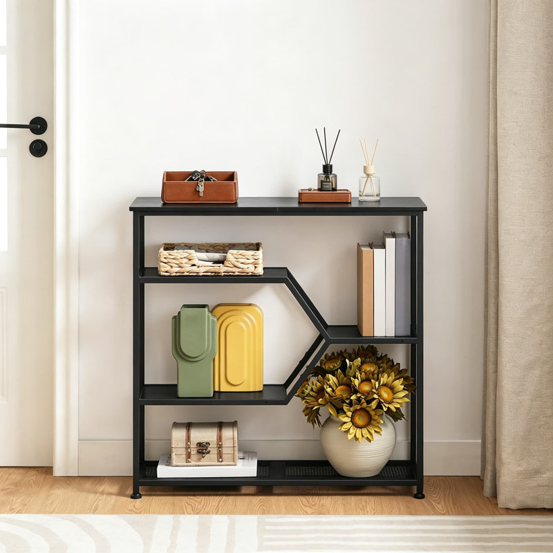 Console de table d'entrée 31,5 pouces avec tablettes de rangement ouvertes à 5 niveaux, canapé mince pour le couloir, le salon, la chambre à coucher, structure en métal noir et panneau de particules