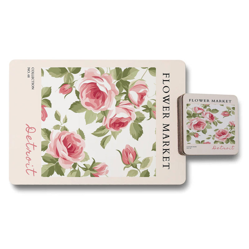 Flower Market Collection Placemat Coaster Set With Rose Artwork Exclusive Edition