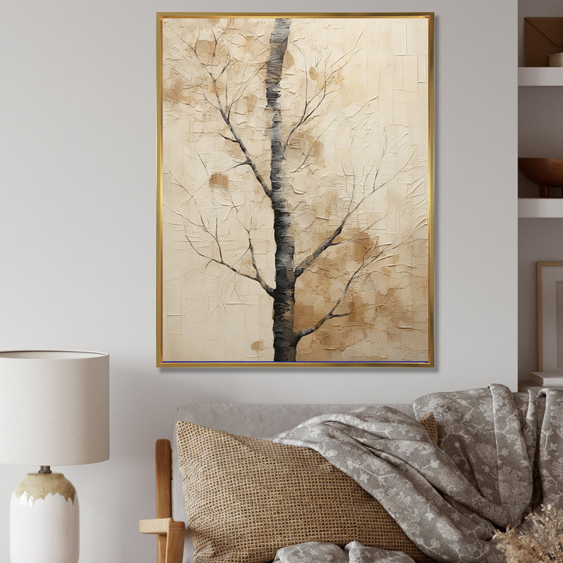 «Beige Trees Oak Solitude IV», reproduction sur toile, Cadre flottant doré, H 32 po x l 16 po x P 1 po