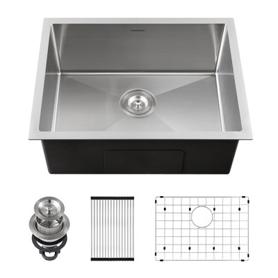 Évier de cuisine encastré sous le comptoir de 22 po, lavabo à cuve simple en acier inoxydable 22 po x 18 po, lavabo fait à la main avec crépine de 3,5 po, grille de protection inférieure et unité de séchage à enroulement