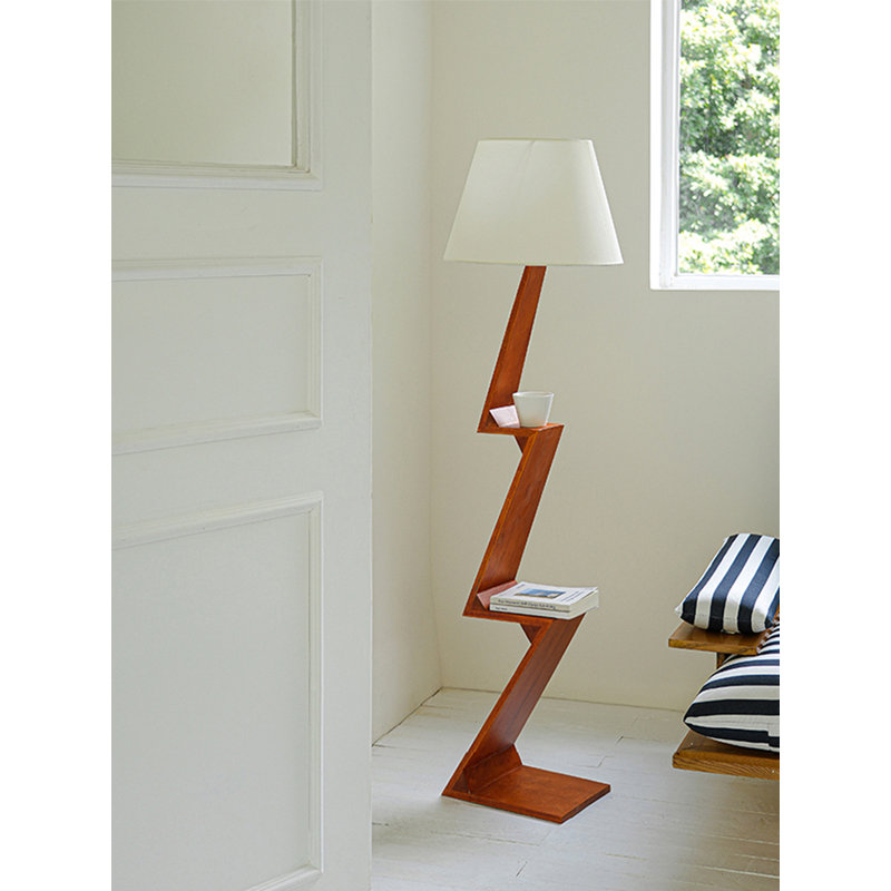 Vintage-Style Oak & Fabric Floor Lamp, Red Wood