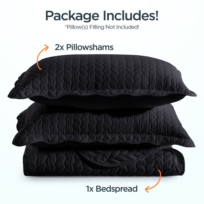 Embossed Quilted Bedspread Set – Ultra Soft Microfiber Coverlet With Pillow Shams, Hotel-Style Bedding For All Beds, Black