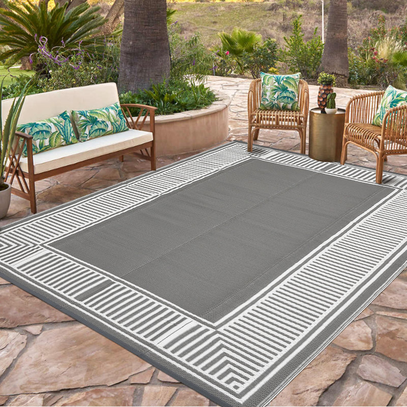 10x14ft Gray White Waterproof Reversible Outdoor Plastic Mat, UV Resistant Lightweight Collapsible Easy Clean Floor Rug for Patio Garden Camping Porch Deck Balcony