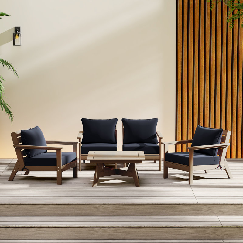 5-Piece Deep Seating Set, Walnut, Navy Blue