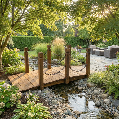 Pont de jardin en bois à arc, Passerelle robuste de 5 pieds avec balustrades à chaîne, finition imperméable, assemblage facile
