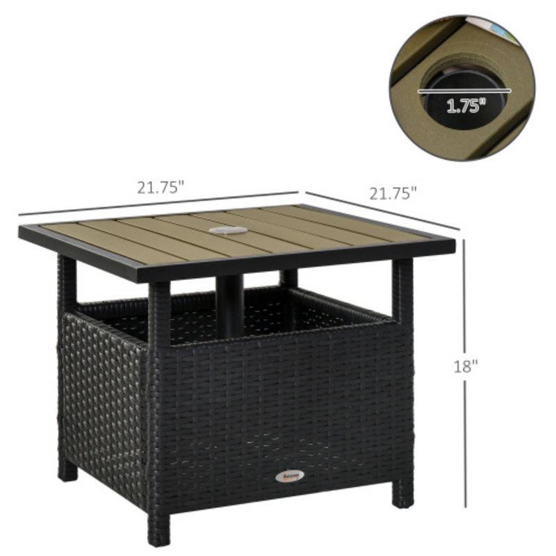 Black & Tan Outsunny 22'' Side Table, Rattan Wicker Steel Frame With Umbrella Hole