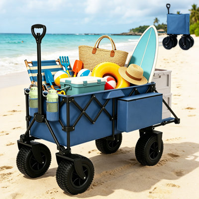 Chariot de plage robuste avec grandes roues de 25 cm pour le sable, pliable et doté d'une poignée réglable, d'une glacière et de sacs de rangement pour la plage, le camping, le jardin et les activités sportives de plein air.