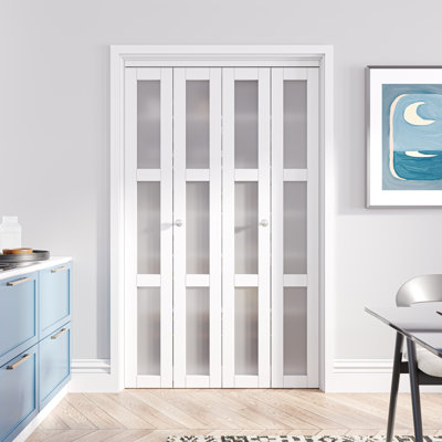 64“x80" Double Bifold Door 3-lite Glass Door Solid Wood With Installation Hardware Kit