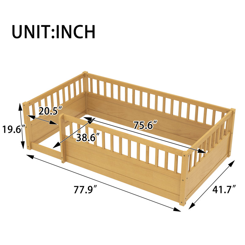 Structure de lit simple Roomfitter en bois avec clôture, plateforme Montessori à plateforme basse pour chambre à coucher ou salle de jeux