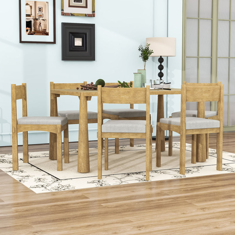 7Pcs Rectangular Dining Table Set with Chairs, Natural Wood Wash
