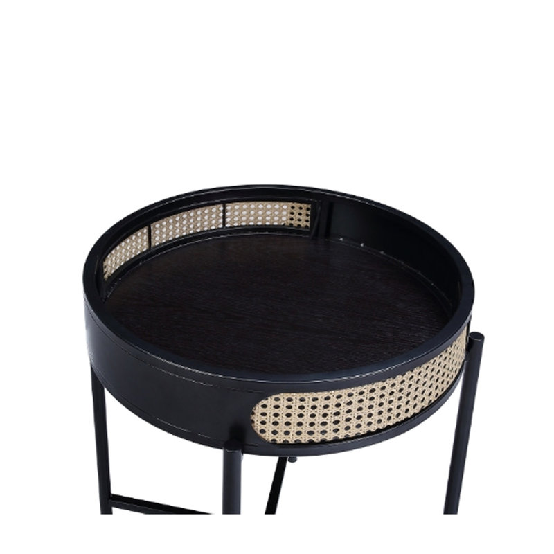 Table ronde noire Abe avec plateau en bois, pieds en métal, finition avec insert et rangement, pieds pour solution