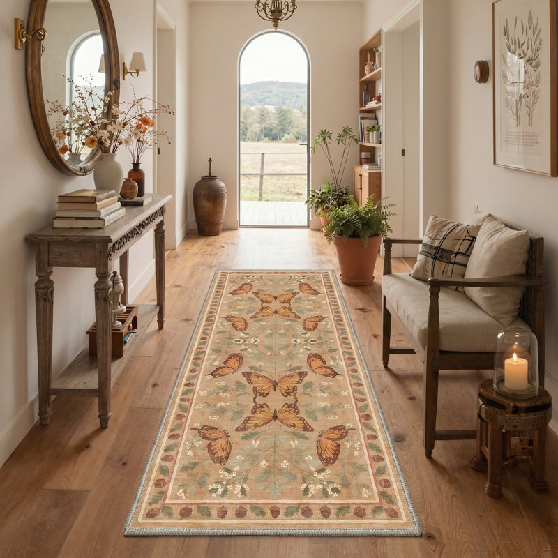 Monarchia Vintage Machine Washable Beige / Brown / Green Indoor Area Rug with Non-Slip Backing, Runner 2' x 6'