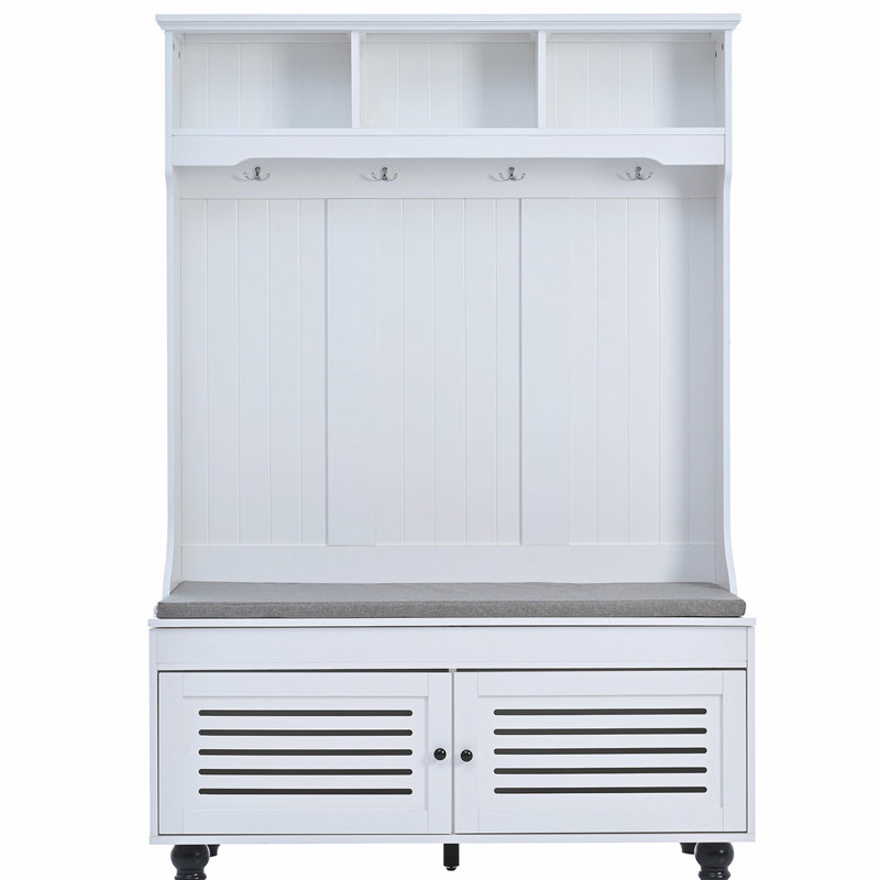 Hall Tree with Bench,Entryway Coat and Shoe Storage,Shoe Storage Bench,Coat Rack with ith Hooks, White