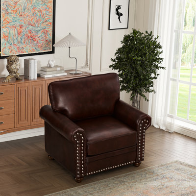 Chaise en similicuir bourgogne pour le salon, siège simple, pieds en bois massif, matériau, coussin confortable, fauteuil à clous argentés, cuir, structure à pieds