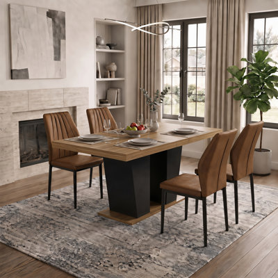 63"-79" Rectangular Extendable Dining Set With PU Leather Chairs, Seats 4-8