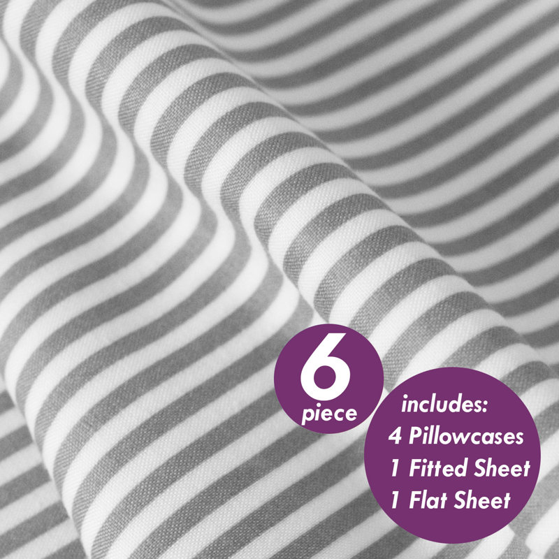 6 Piece Loft Classic Stripes Printed Sheet Set, Deluxe Ultra Soft, Double Brushed Microfiber, Queen, Gray