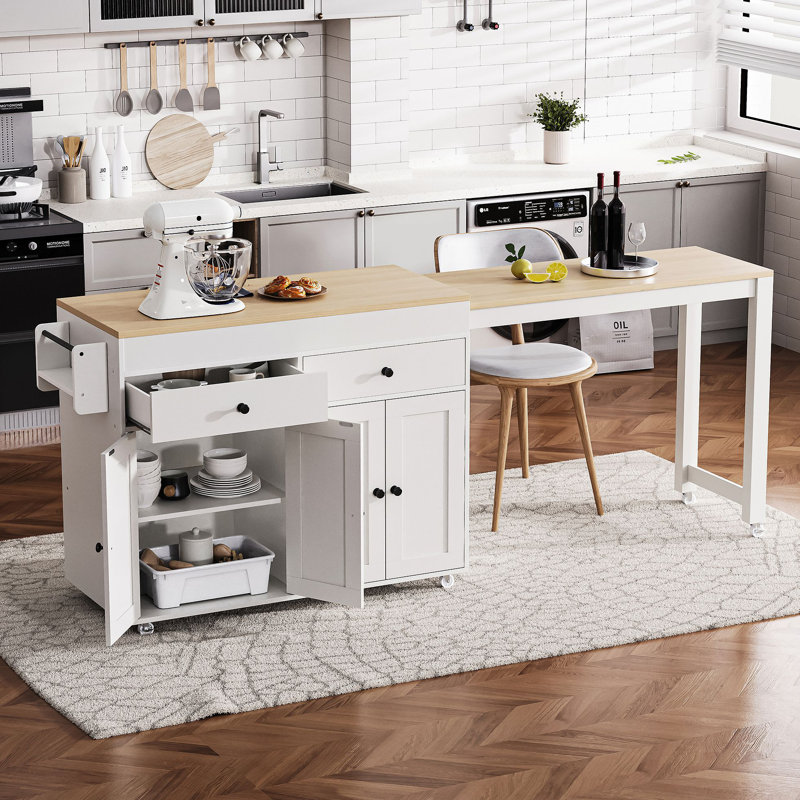 Îlot de cuisine 74,5 pouces avec table de salle à manger extensible, îlot de cuisine sur roulettes avec support à épices et 2 tiroirs, armoire 4 portes, pour la cuisine, la salle à manger