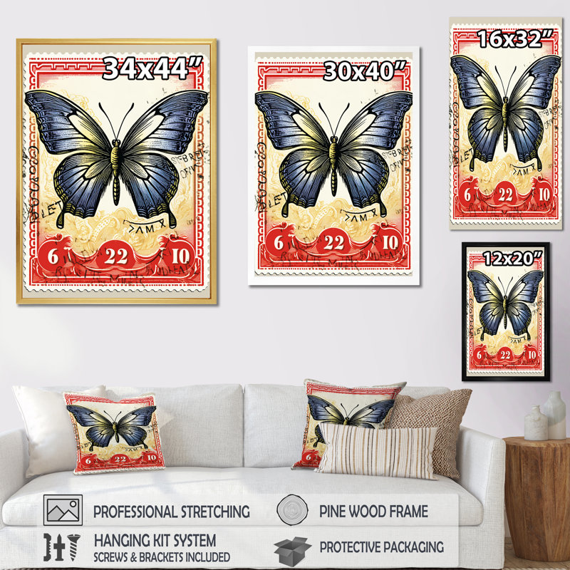 Illustration rétro d'un papillon bleu I, Cadre flottant doré, H 32 po x l 24 po x P 1 po