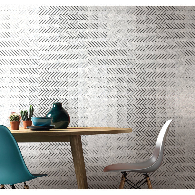 13" x 12" Marble Herringbone Mosaic Wall & Floor Tile, White/Gray