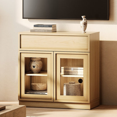 Meuble télé moderne pour téléviseur de 40 po ou moins, meuble télé en bois avec 2 portes en verre et tiroir, meuble média avec tablette réglable pour salon, chambre à coucher