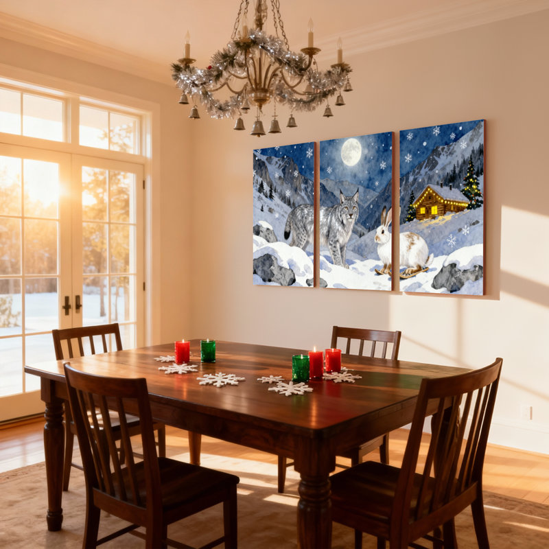 «Christmas Snowy Mountain Landscape with Lynx and Rabbit», ensemble de 3 reproductions d'art sur toile, H 30 po x l 60 po