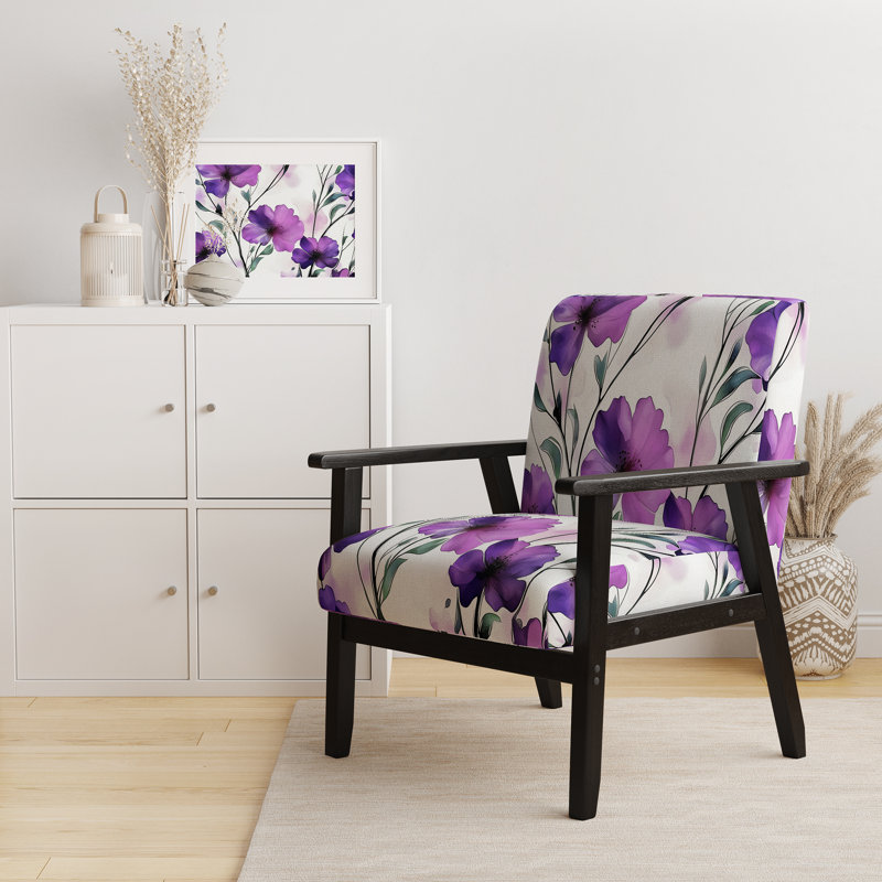 Geidel - Fleurs abstraites - Fauteuil d'appoint rembourré traditionnel, Purple/Green Velvet, Accoudoirs carrés noirs