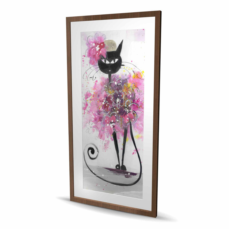 Caricature de chat avec des fleurs roses - reproduction encadrée pour la maison, Brun
