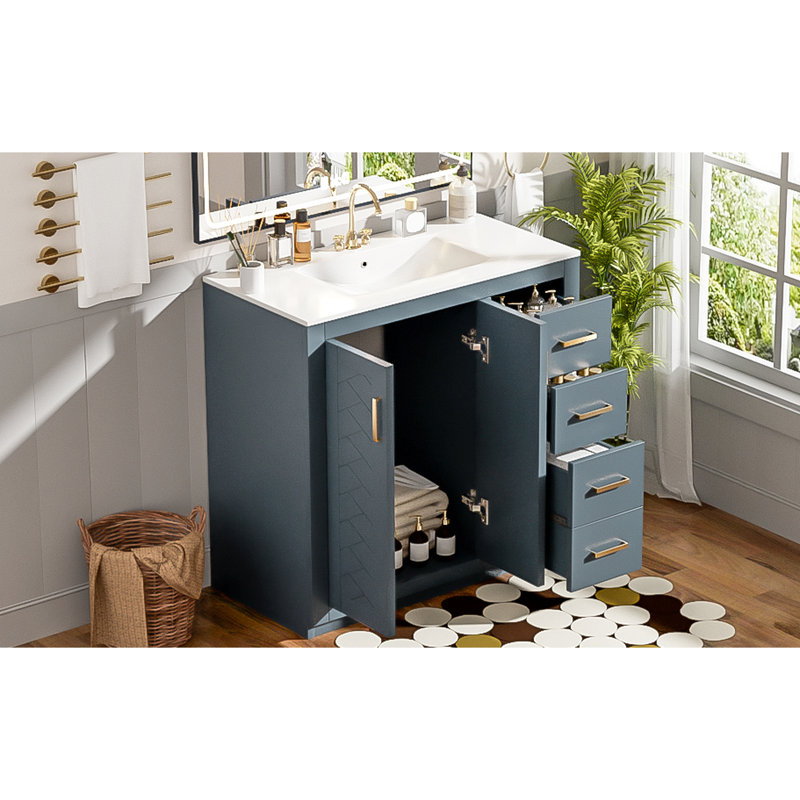 Meuble-lavabo de 36 po, lavabo en céramique, structure en bois massif, glissières de tiroir, planches, rangement spacieux, style rétro, poignée en métal exquis, motif de rainure unique, glissière lisse, assemblage fonctionnel facile de 36 po