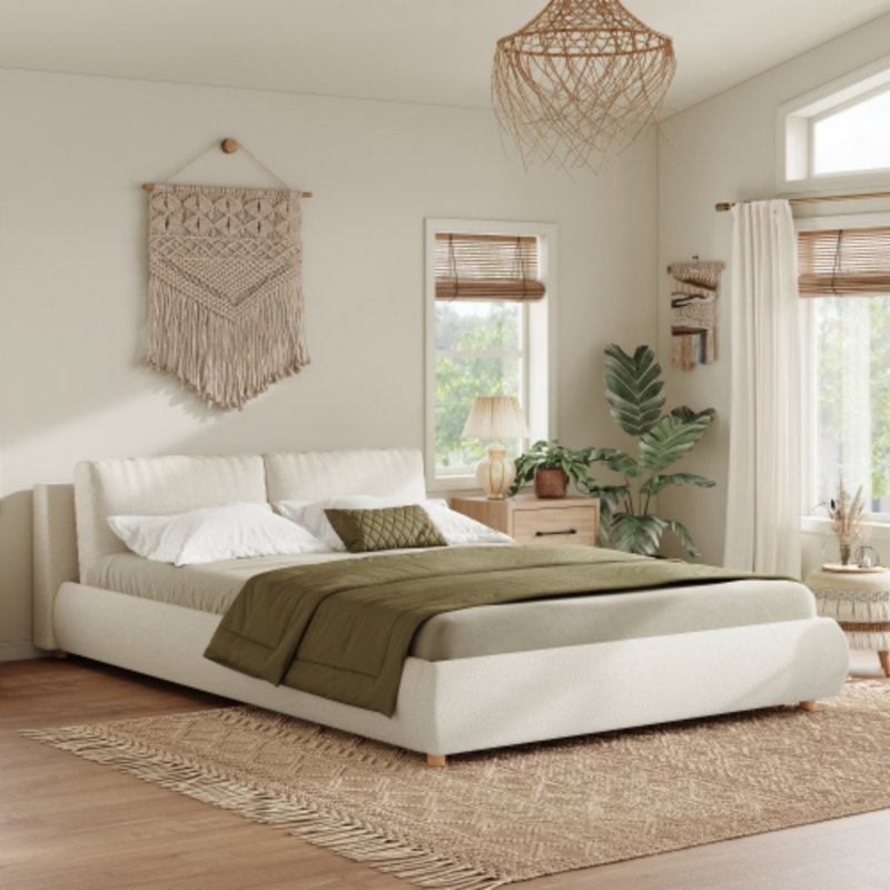 Lit plateforme tapissier très grand et très grand en tissu blanc avec tête de lit amovible, Grand lit