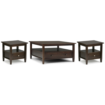 Warm Shaker Solid Wood Transitional 36 Inch Wide Coffee Table With 2 20 Inch Wide End Tables In Tobacco Brown (set Of 3)