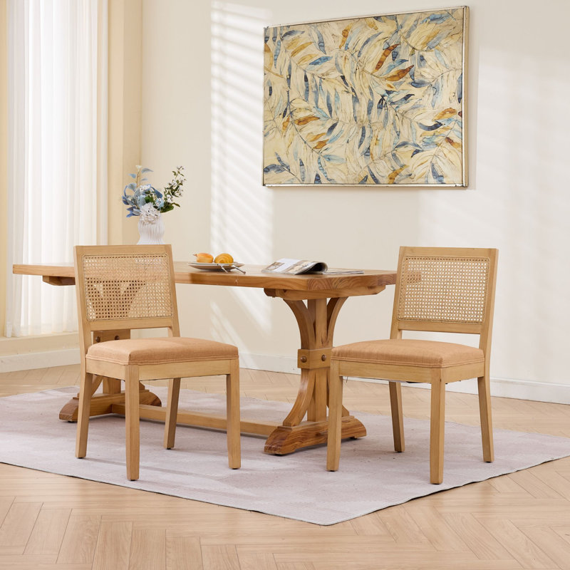  Ensemble de 2 chaises de salle à manger, dossier en rotin et chaises de cuisine rembourrées avec cadre en bois, brun clair