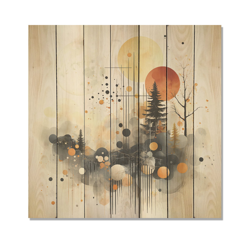 Paysage de forêt moderne noir et jaune IV - Paysage abstrait sur bois, H 36 po x l 36 po
