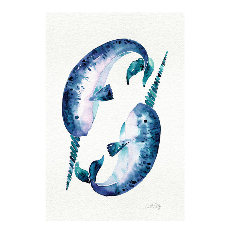 Blue Narwhals by Cat Coquillette - Painting on Canvas, 20.32 cm H x 30.48 cm W, No Frame